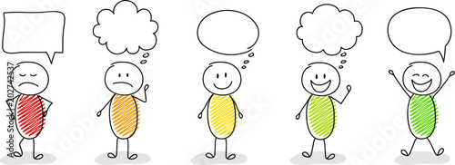 Set of hand drawn stickmen with speech bubbles. Vector.