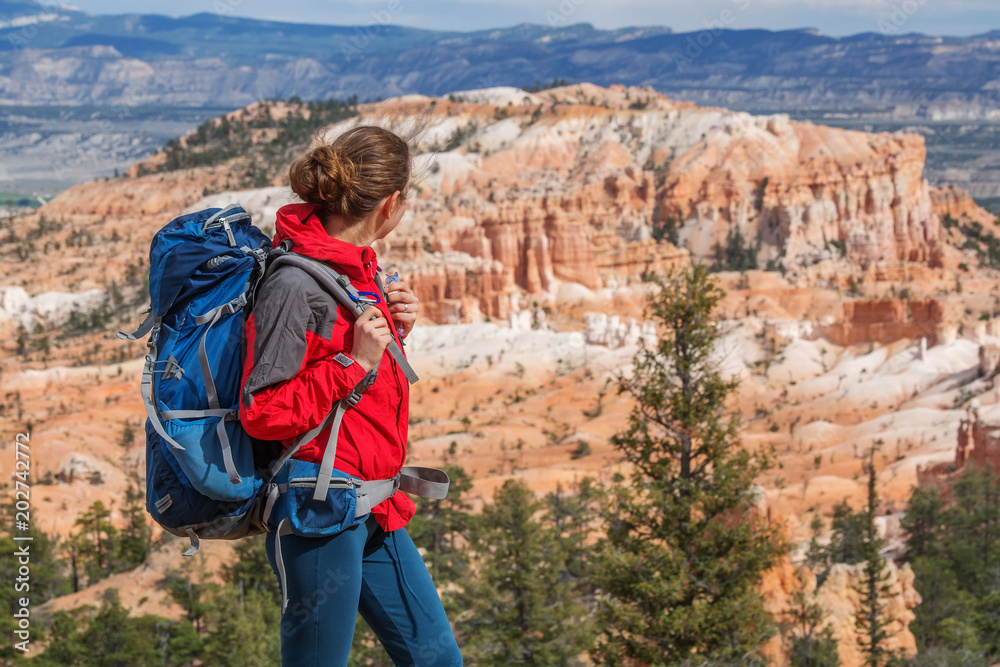 Naklejka premium Hiker visits Bryce canyon National park in Utah, USA