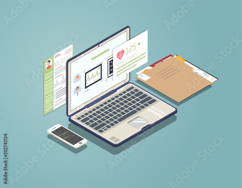 Isometric laptop with software for medicine and healthcare. Phone and folder with documents. Doctor and patient consultation and diagnosis. Medical app for phone and computer. 