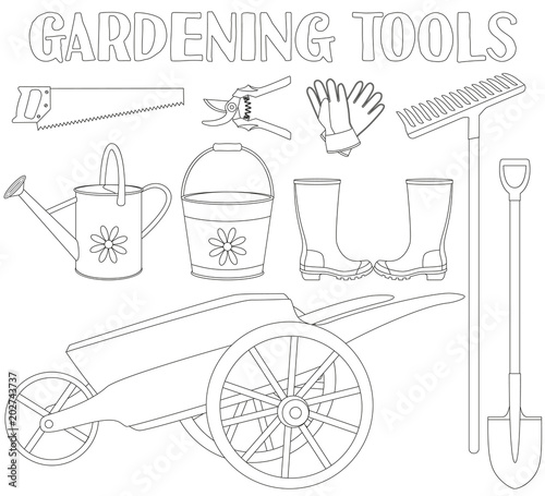 Black and white garden tool set 9 elements.