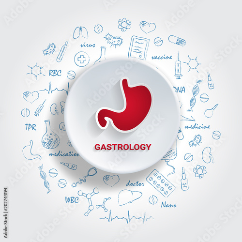 Icons For Medical Specialties. Gastrology Concept. Vector Illustration With Hand Drawn Medicine Doodle. Stomach, Gastric, Digestion, Endoscopy, Helicobacter, Gastritis