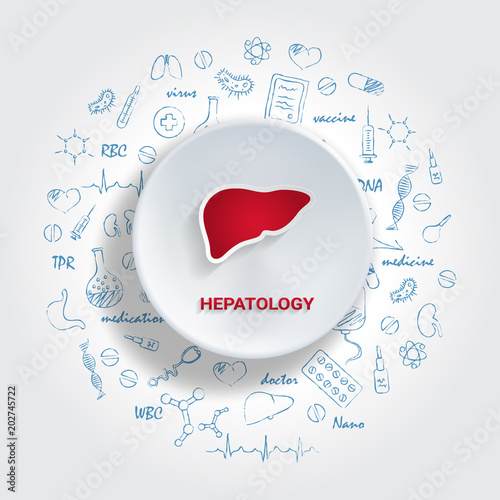 Icons For Medical Specialties. Hepatology Concept. Vector Illustration With Hand Drawn Medicine Doodle. Hepatic, Disease, Hepatitis, Cirrhosis, Cancer, Fibrosis