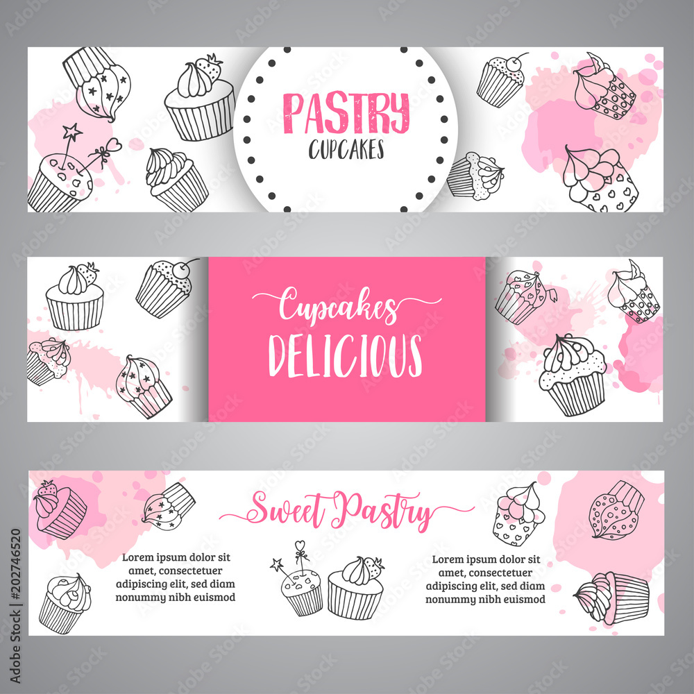 Cupcake banners with handdrawn cupcakes and pink splashes. Sweet pastry slogan. Vector