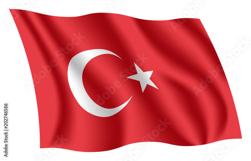 Turkey flag. Isolated national flag of Turkey. Waving flag of the Republic of Turkey. Fluttering textile turkish flag.