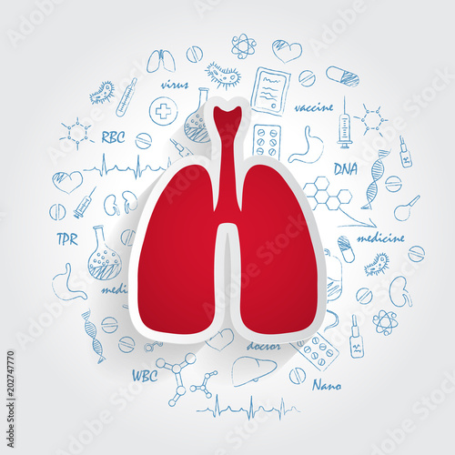 Icons For Medical Specialties. Pulmonology And Lungs Concept. Vector Illustration With Hand Drawn Medicine Doodle. Lungs,Diagnosis, Asthma, Bronchial, Cancer