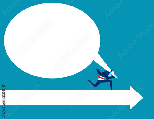 Man struggling to pull large empty speech bubble and running the way for ward. Concept business vector illustration.