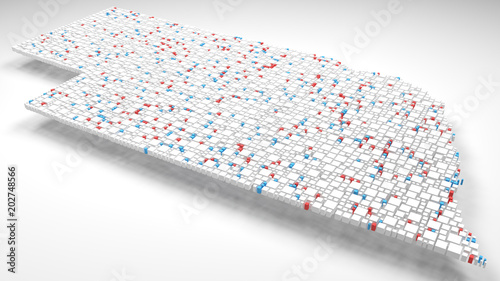 3D Map of Nebraska - USA | 3d Rendering, mosaic of little bricks - White and flag colors. A number of 3898 little boxes are accurately inserted into the mosaic