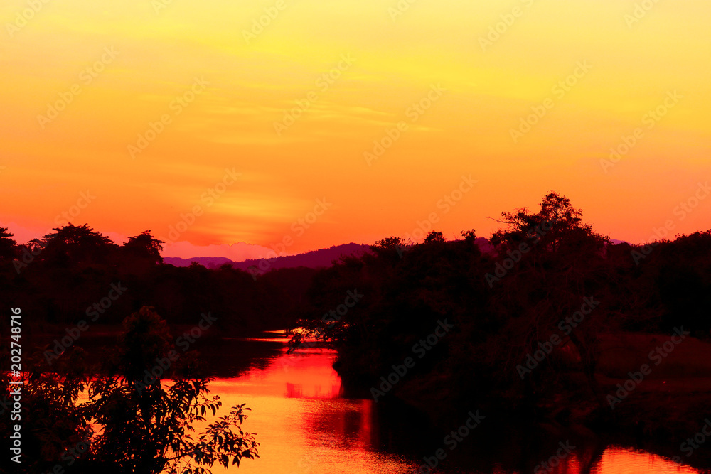 Obraz premium sunset beautiful colorful landscape and silhouette tree reflex water river in sky twilight time with copy space add text