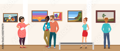 Museum visitors people in art exhibition gallery museum taking tour with guide and looking pictures photos vector illustration.