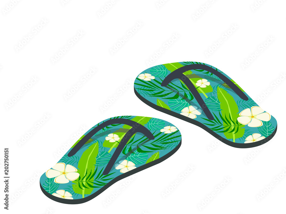 Tropical printed beach sandals or flip flops for summer holiday. Vector illustration in flat style design. Tropical printed beach sandals or flip flops for summer holiday. Vector illustration in flat style design.