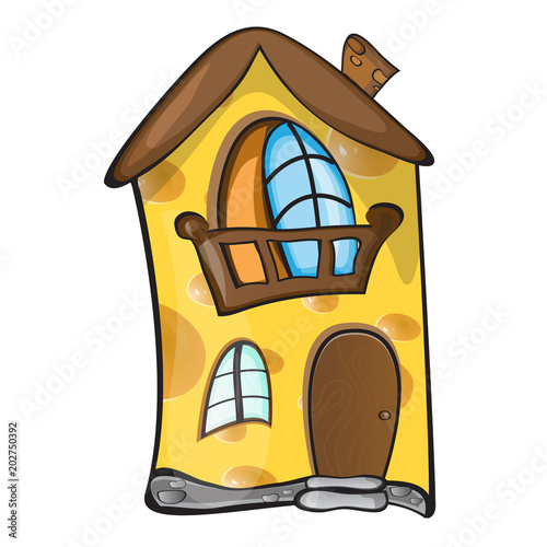 creative concept - small cartoon house made of yellow porous cheese for mouse. vector illustration
