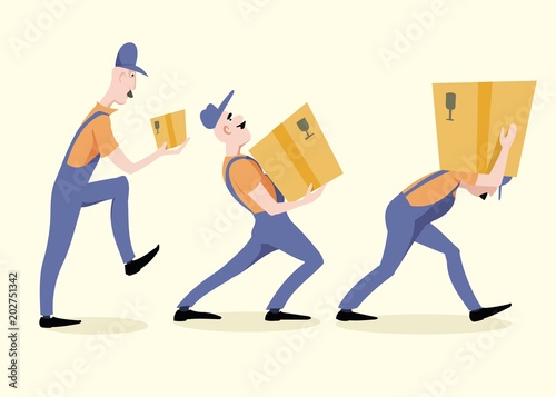 loaders carry cardboard boxes, move