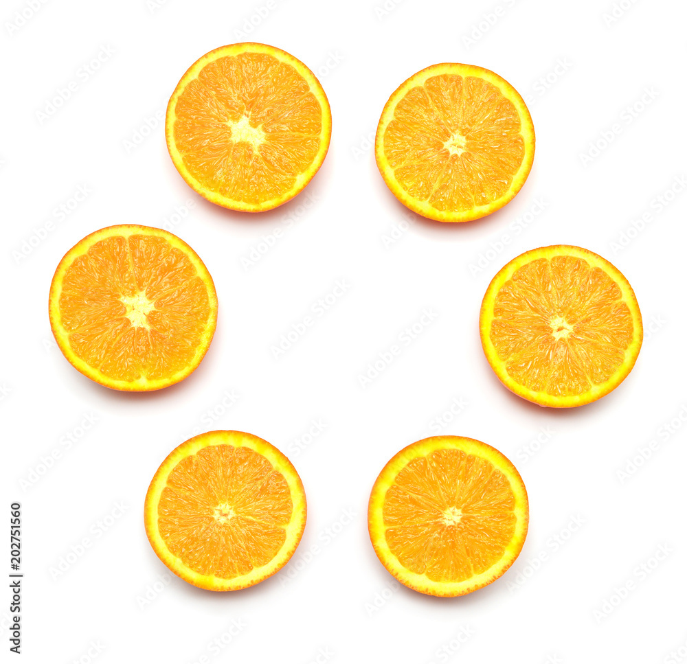 Fototapeta premium Fruit collection of orange sliced isolated on white background. Flat lay, top view