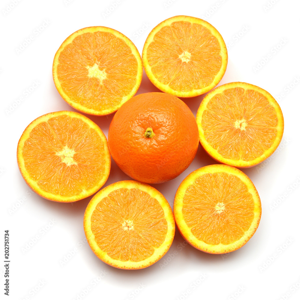Fruit collection of orange sliced isolated on white background. Flat lay, top view Fruit collection of orange sliced isolated on white background. Flat lay, top view