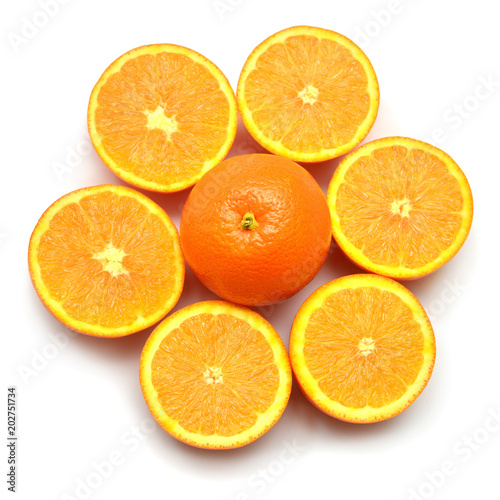 Fruit collection of orange sliced isolated on white background. Flat lay, top view