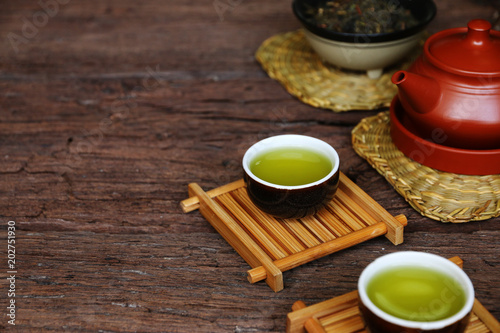 Top view green tea Asia oriental style on table Copy space