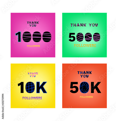 Followers thank you phrases on bright background. Funky memphis modern lettering style. photo