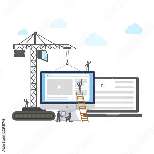 Flat design of website under construction, web page building process with figure stick people. Vector illustration.