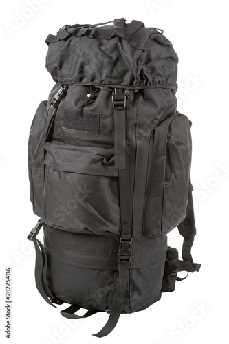 a large black backpack on a white background, the backpack is full and stands face-up