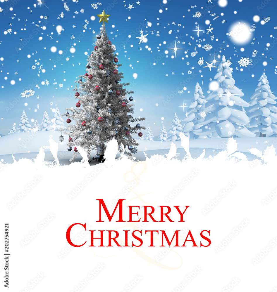 Composite image of christmas card against christmas tree in snowy landscape