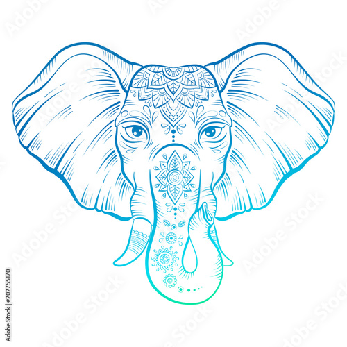 Vintage style vector elephant with ornate, neon color.