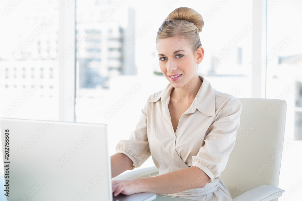 Stern young blonde businesswoman using a laptop Stern young blonde businesswoman using a laptop
