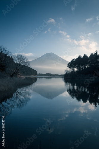 Mountain Fuji and Lake Tanumi with beautiful sunrise in winter season. Lake Tanuki is a lake near Mount Fuji, Japan. It is located in Fujinomiya, Shizuoka Prefecture, 