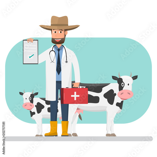 Cow veterinarian checking disease pets and animals inside farm.