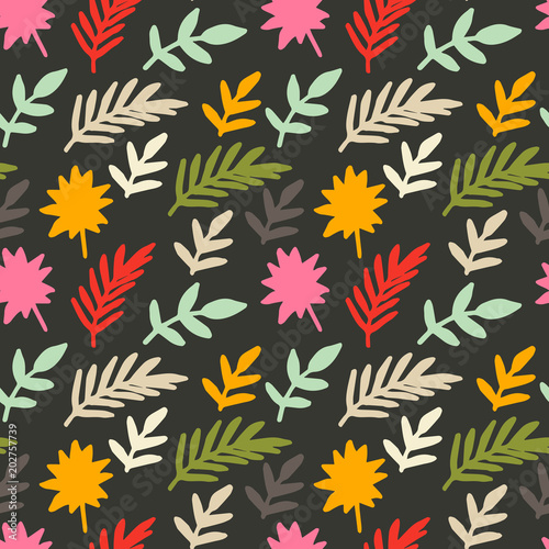 Colorful tropical seamless pattern with palm leaves, branches, flowers on dark background. Tropic floral motif. Vector illustration.