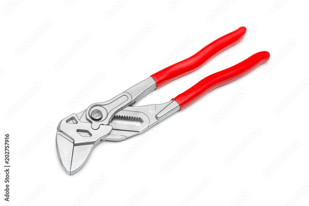 Adjustable water pump pliers tongue and groove isolated on white background. Universal wrench. Professional tool for work. Flat lay, top view Adjustable water pump pliers tongue and groove isolated on white background. Universal wrench. Professional tool for work. Flat lay, top view