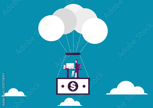 Businesswoman flying with money balloon