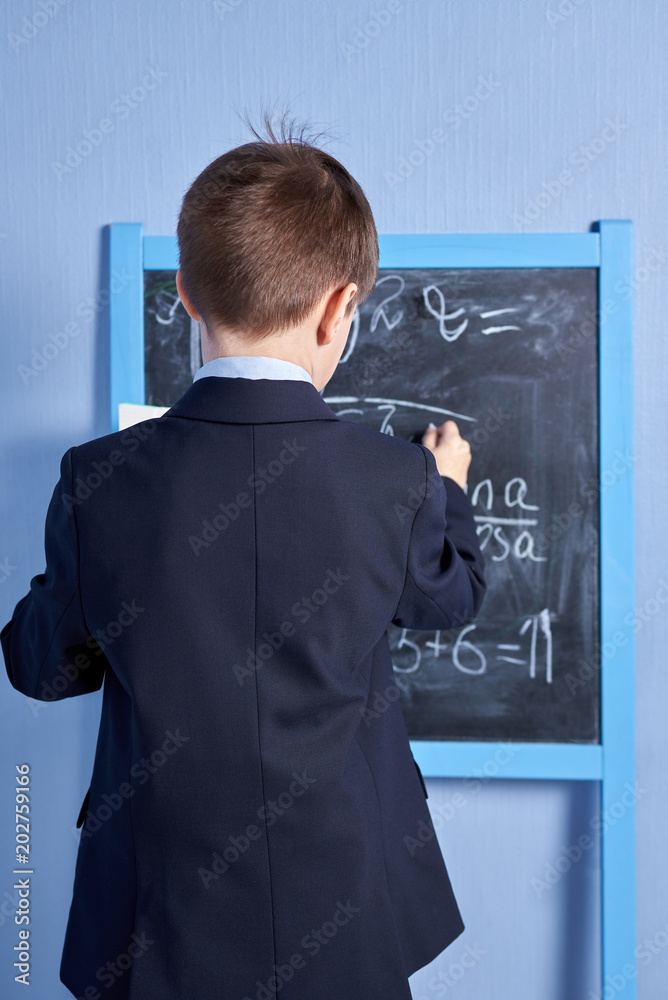 Fotografie Caucasian schoolboy doing task at a blackboard. Back view.