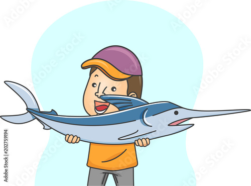 Man Fish Blue Marlin Catch Illustration