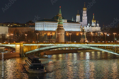 Moscow night image. The Kremlin, the Ivan the Great bell tower, the Assumption cathedral, the Arkhangelsk cathedral and the Residence of the President of the Russian Federation are in focus