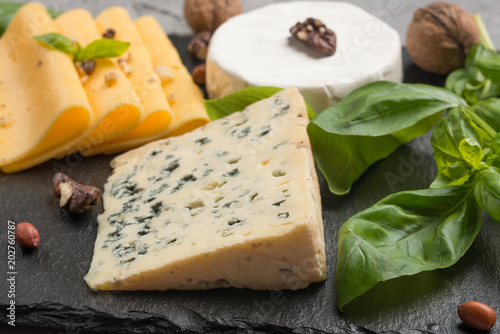 Different kinds of cheeses on a black board. With nuts and basil.