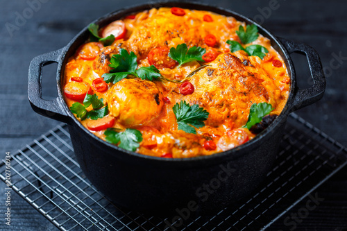 Creamy South Indian style Roast Chocken Curry on black pot on dark blue wooden rustic table