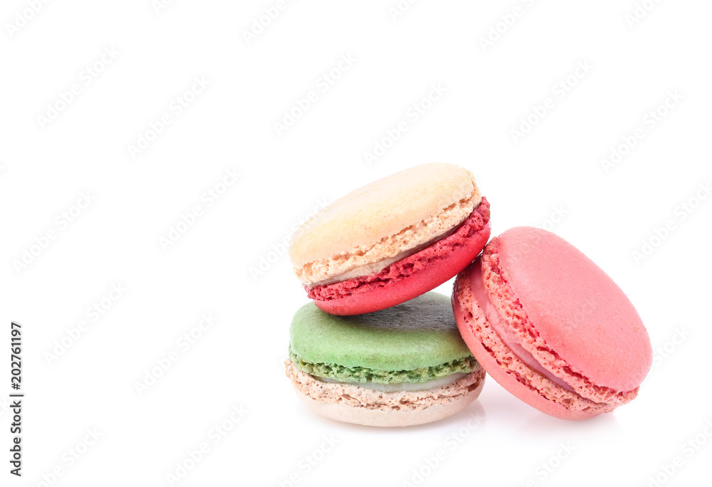 Sweet and colourful french macaroons or macaron on white background Sweet and colourful french macaroons or macaron on white background