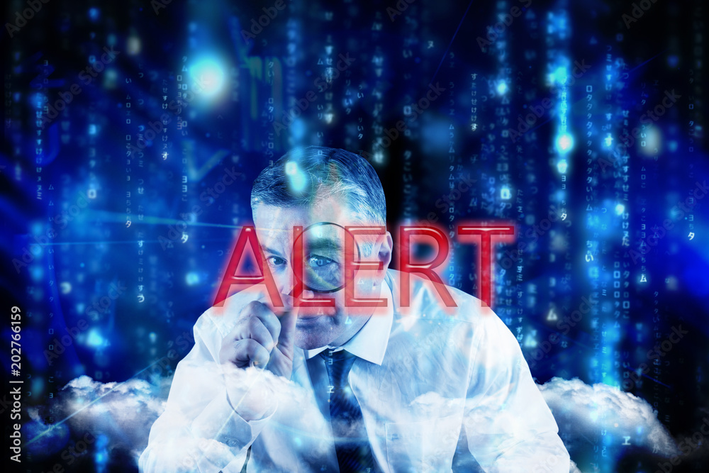 Φωτογραφία The word alert and focused businessman with magnifying glasses against lines of