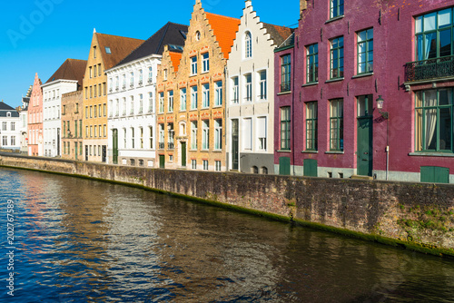 View of a canal and old historical buildings in Bruges, Belgium