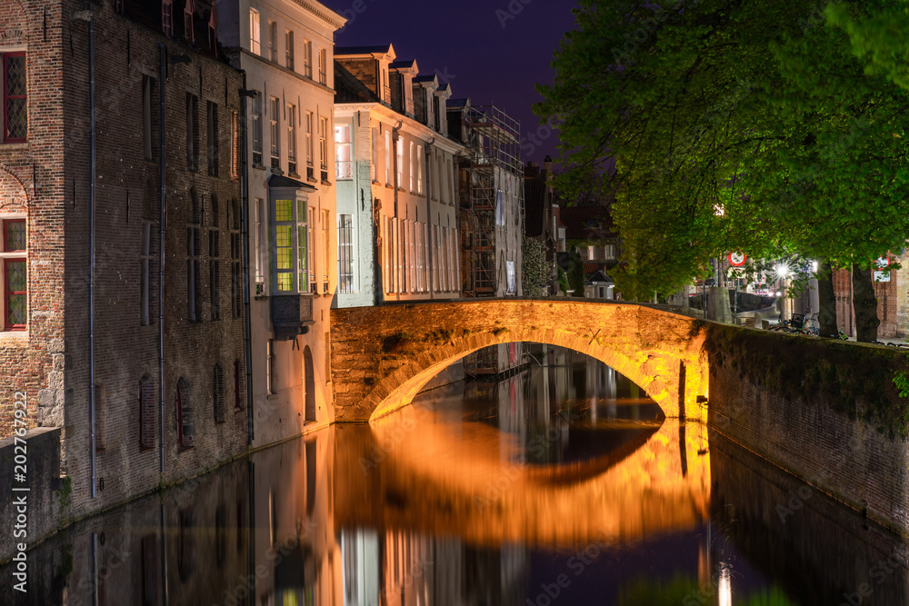 View of a canal and old historical buildings in Bruges, Belgium at night