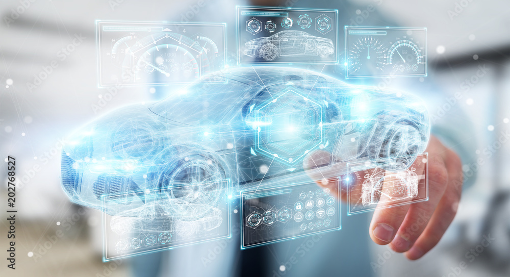 Businessman using modern smart car interface 3D rendering Businessman using modern smart car interface 3D rendering