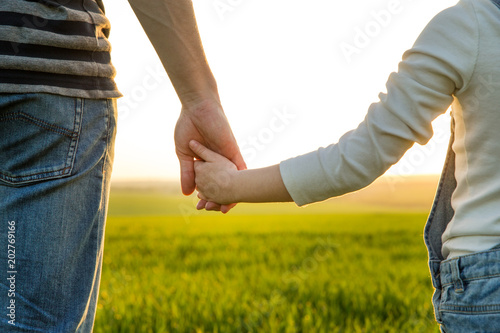 parent holds the hand of a small child. Hand in hand. Child support.