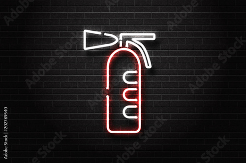 Vector realistic isolated neon sign of extinguisher for decoration and covering on the wall background. Concept of firefighting, protection and fire prevention.
