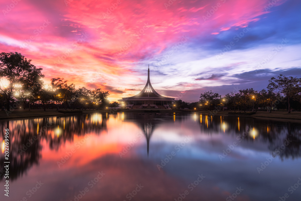  Beautiful public parkland Suan Luang R.9 in Bangkok Thailand in Sunset twilight time