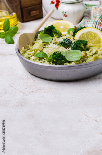 Traditional pasta tripoline with pesto photo