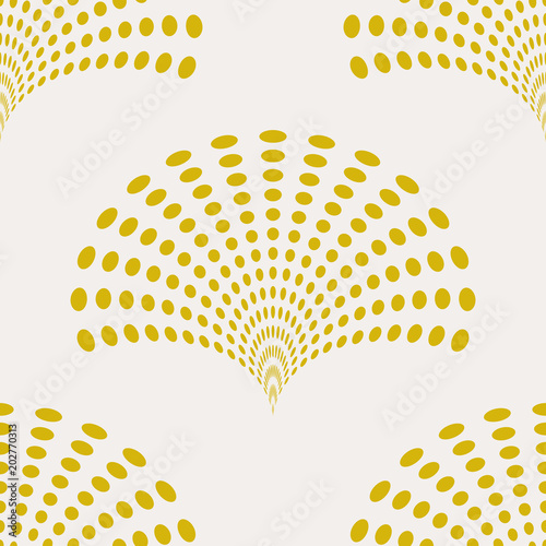 Gold halftone fan abstract seamless pattern. Geo pop art background. Geometrical backdrop. Vector illustration.