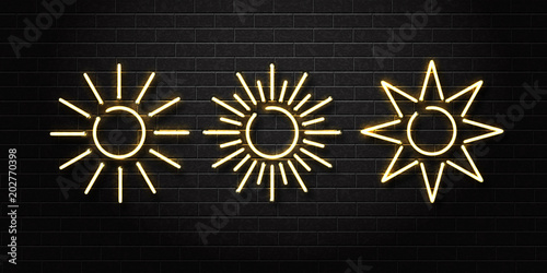 Vector set of realistic isolated neon sign of sun for decoration and covering on the wall background. Concept of summer and vacation.
