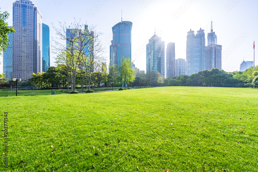 green lawn with modern building in park