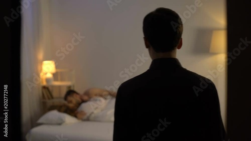 Shocked husband looking wife making love with his friend, finding out adultery