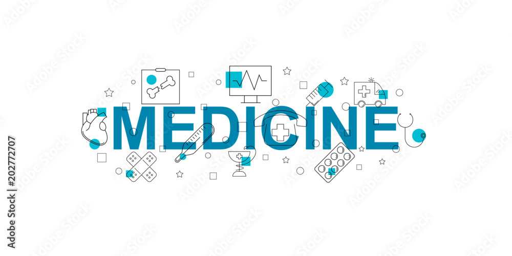 Fototapeta Medicine vector banner. Word with line icon. Vector background